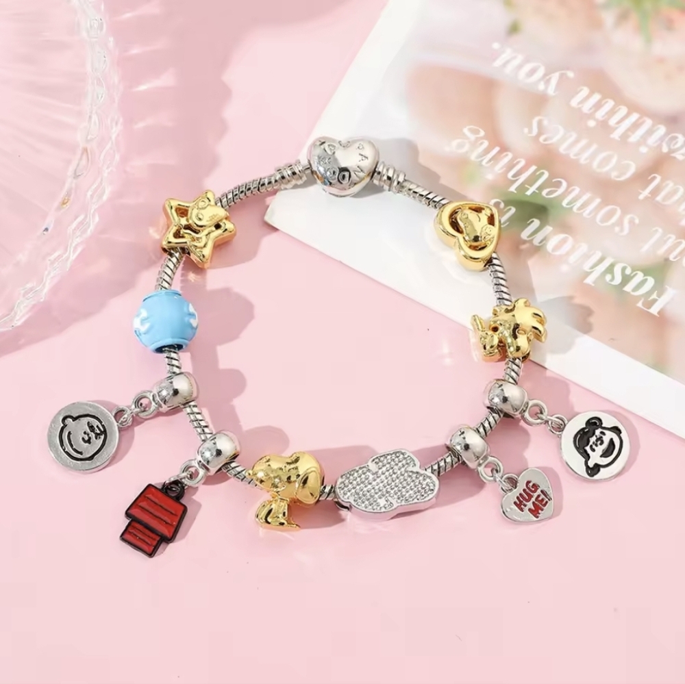 Silver & 14K Gold Plated Peanuts Snoopy Themed Loaded Charm Bracelet